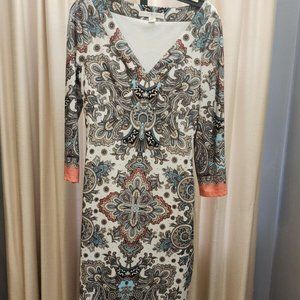 Boston Proper Beige Teal Orange Paisley 3/4 Sleeve Empire Waist Dress Size 2